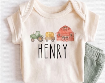 Personalized Farm Tractor Baby Onesie - Custom Barn and Hay Bale Cute Baby Bodysuit