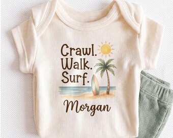 Personalized Crawl Walk Surf Baby Onesie - Custom Beach Surfing Bodysuit