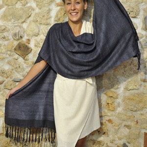 Black Ahimsa silk stole. Non-violent Tussah silk image 1