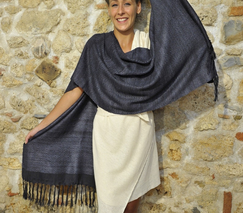 Black Ahimsa silk stole. Non-violent Tussah silk image 1