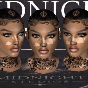 以下が含まれることがあります： 暗い髪、青い目、顔のマークが付いた3つのマネキンの頭が表示されています。 各頭には、額に「WARRIOR」と「LOVE」というタトゥーがあります。 背景には「MIDNIGHT STUDIOS」という文字があります。