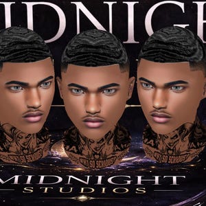 以下が含まれることがあります： 暗い肌の男性の頭部モデルが3つあり、波状にスタイリングされ、首にタトゥーが施されています。「MIDNIGHT STUDIOS」というテキストが入った暗いプラットフォームに頭部が展示されています。背景には「MIDNIGHT」という文字があります。