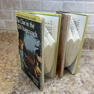 Set of 2 altered Nancy Drew books, heart fold, altered book sculpture, by Carolyn Keene