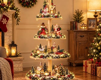 Christmas Village Display Stand, Wooden Christmas Tree Shelf for Miniature Houses, Tiered Holiday Village Display Shelf
