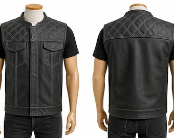 Chaleco de cuero negro para hombre estilo motero – Chaleco de moto acolchado con diseño de rombos – Estilo clásico de club