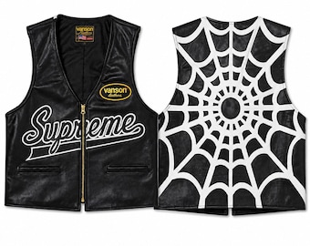Black Leather Biker Vest, Zip Front Graphic Sleeveless Jacket