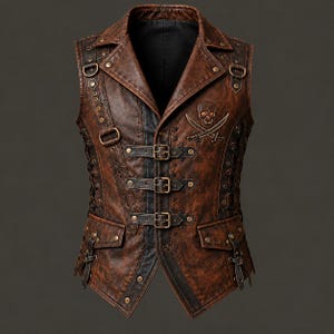 May include: A brown leather waistcoat featuring a skull and crossbones emblem on the chest, three front buckle closures, metal D-rings, side lacing, and two flap pockets. The garment includes decorative metal studs and dark brown leather trim accents.