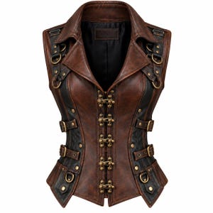 May include: A brown and black sleeveless waistcoat featuring a collared neckline, a front closure with five brass-toned metal clasps, side straps with buckles, and decorative brass-toned D-rings and studs throughout the front panels.