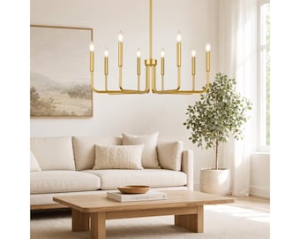 Farmhouse Gold Chandelier 8 Light Rustic Ceiling Light Industrial Dining Room Fixture Modern Brass Hanging Lighting for Kitchen Foyer