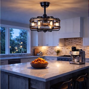 Ceiling Fan with Lights Black Farmhouse Flush Mount Bladeless Fan Light Rustic Caged Chandelier Fan Remote Bedroom Kitchen