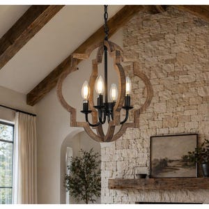 Farmhouse Chandelier Light, Wood 4-Light Dining Room Fixture, Rustic Pendant Lighting for Kitchen Island Living Room Bedroom