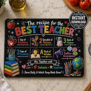 May include: Black chalkboard-style print with the text "The recipe for the BEST TEACHER." The design includes colorful illustrations of ingredients like kindness, patience, and creativity. A globe and pencils are also featured.