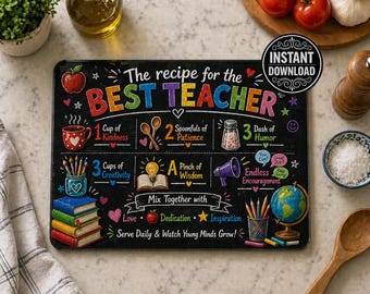 Best Teacher Ever Cutting Board Design PNG, Teacher Appreciation Gift, Recipe for the Best Teacher, Sublimation Glass Cutting Board Download