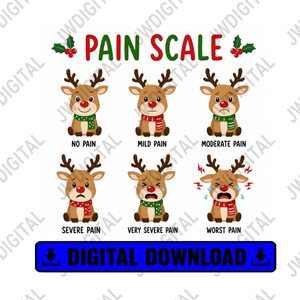 May include: A digital graphic titled PAIN SCALE featuring six cartoon reindeer with red noses and scarves, each displaying a different facial expression ranging from happy to crying, labeled No Pain, Mild Pain, Moderate Pain, Severe Pain, Very Severe Pain, and Worst Pain.