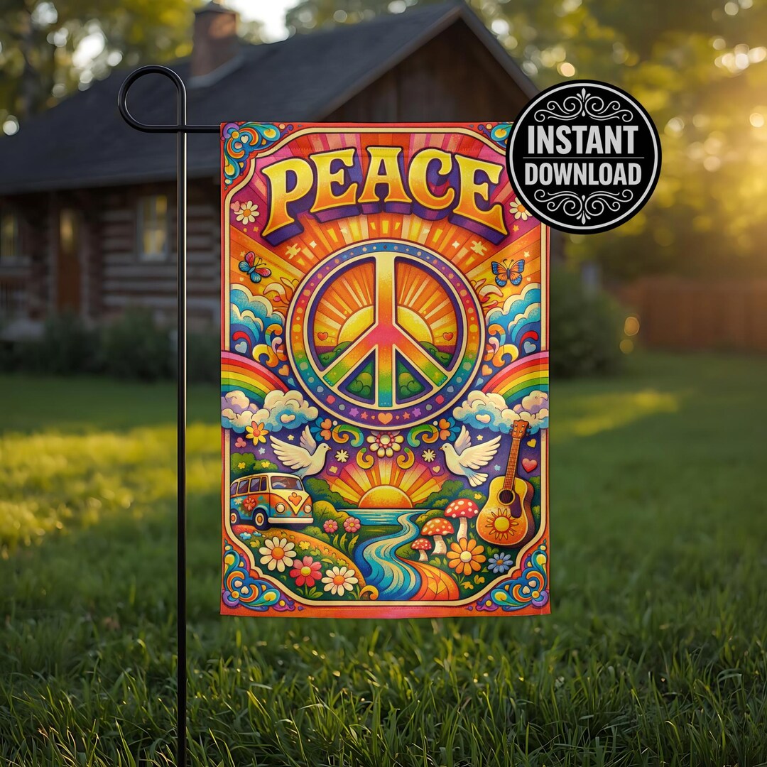 Retro Hippie Peace Garden Flag PNG, Groovy 70s Rainbow Peace Sign Flag ...