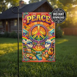 Puede incluir: Una colorida bandera de jardín con un diseño retro. La bandera presenta la palabra "PEACE", un símbolo de la paz, un arcoíris, una guitarra y una furgoneta vintage. La bandera está diseñada con colores vibrantes y un estilo psicodélico.