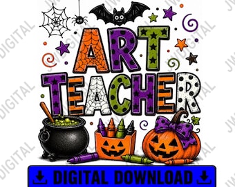 美術教師ハロウィンシャツPNG、レトロスクールハロウィン昇華デザイン、教師秋Tシャツデジタルダウンロード、美術教師PNG