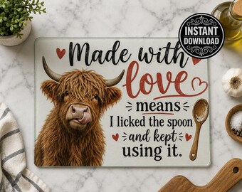 Highland Cow Kitchen Quote Glass Cutting Board PNG, Funny Farmhouse Sublimation Design, Rustic Digital Download