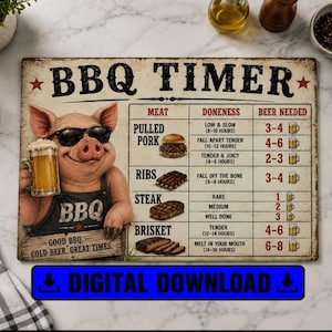 May include: A rectangular BBQ timer sign featuring a pig wearing sunglasses and holding a beer mug. The chart lists meat types, doneness levels, and beer requirements. Text includes BBQ TIMER, GOOD BBQ, COLD BEER, GREAT TIMES, and DIGITAL DOWNLOAD.
