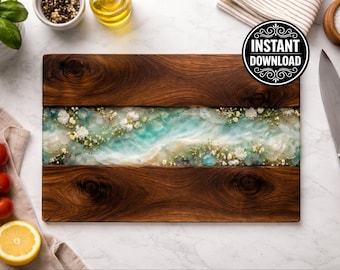 Teal Resin Wood Cutting Board Design PNG, Floral Ocean Epoxy Style, Glass Cutting Board Sublimation, Rustic Wood Inlay Art Digital Download