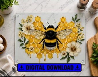 Tabla de cortar de vidrio con diseño de abejorro (descarga digital), abeja en panal PNG, diseño de sublimación para cocina rústica, regalo para amantes de las abejas.