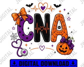 Op de afbeelding: Een digitale afbeelding met de letters CNA in Halloween-kleuren. De C is paars met stippen en een oranje strik, de N is zwart met een hartslaglijn en hartje, en de A is oranje met een spinnenwebpatroon en een kleine spin.