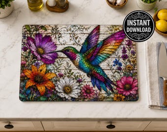 Stained Glass Hummingbird Glass Cutting Board PNG, Colorful Floral Bird Sublimation Design, Rustic Digital Download