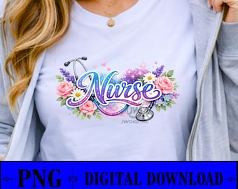 看護師PNGデジタルダウンロード、花柄看護師デザイン、聴診器花柄シャツデザイン、看護師生活昇華PNG、医療従事者ギフトグラフィック