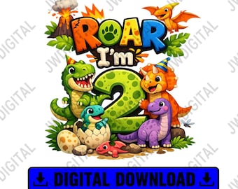 Roar I’m 2 Dinosaur PNG, Dino Birthday Boy Sublimation Design, Two Rex Birthday Shirt PNG Digital Download