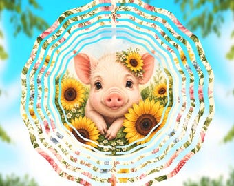 Cute Pig Sunflower Wind Spinner PNG, Farm Animal Floral Sublimation Design, Baby Piglet 12 Inch Round Digital Download
