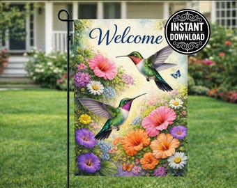 Hummingbird Garden Flag Design, Floral Welcome Sign, Sublimation PNG (Digital Download)