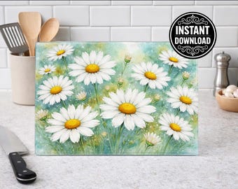 Watercolor Daisy Glass Cutting Board Design PNG, Floral Kitchen Decor Digital Download, Spring Summer Daisies Artwork, Sublimation File