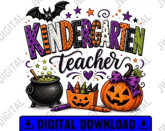Kindergarten Teacher Halloween PNG, Cute Pumpkin Teacher Shirt Design, Fall School Sublimation Digital Download