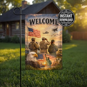 Bandera de jardín patriótica militar de bienvenida PNG, diseño de bandera de jardín en homenaje a los veteranos, decoración de soldados con la bandera estadounidense, bandera del orgullo de EE. UU., descarga instantánea