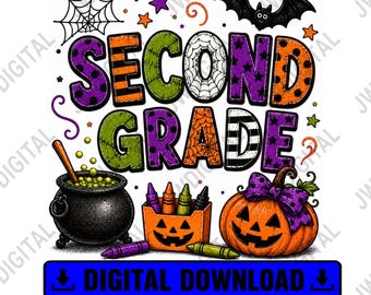Second Grade Teacher Halloween PNG, Cute Pumpkin Teacher Shirt Design, Fall School Sublimation Digital Download
