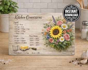 Bauernhaus Küche Umwandlungstabelle PNG, Blumen Sonnenblume Schneidebrett Design, Koch Messanleitung, Schneidebrett Sublimationsdatei