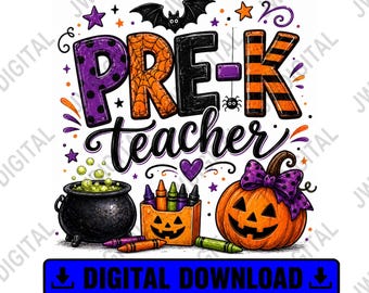 Pre-K Teacher Halloween PNG, Cute Pumpkin Teacher Shirt Design, Fall School Teacher Sublimation Digital Download