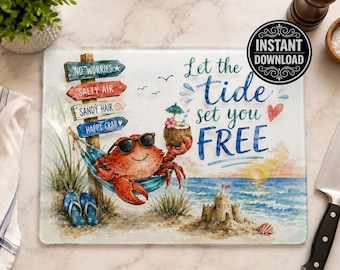 ビーチクラブのガラス製カッティングボードPNG、潮の流れに身を任せる昇華デザイン、沿岸キッチン装飾ダウンロード