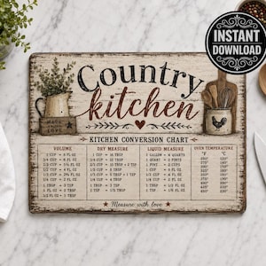 May include: A rustic wooden kitchen conversion chart with the words "Country Kitchen" in a decorative font. The chart includes volume, dry measure, liquid measure, and oven temperature conversions. Decorative elements include a rooster, flowers, and the text "Measure with love."