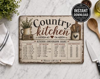 Country Kitchen Conversion Chart PNG, Rustic Farmhouse Cutting Board Design, Cooking Measurements Guide, Glass Cutting Board Digital