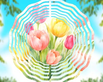 Tulip Wind Spinner PNG, Spring Floral Wind Spinner Design, Watercolor Tulips Garden Decor, Sublimation Download, Round Spinner Digital File