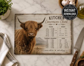 Highland Cow Kitchen Conversion Chart PNG, Rustic Farmhouse Cutting Board Design, Cooking Measurements Guide, Glass Cutting Board Digital