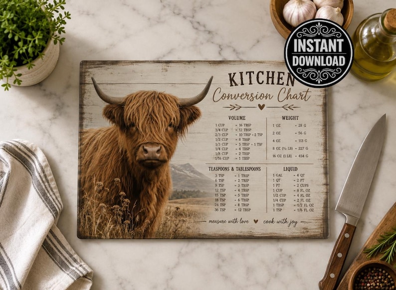 Highland Cow Kitchen Conversion Chart PNG, Rustic Farmhouse Cutting ...