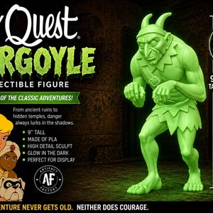 May include: A glow-in-the-dark Jonny Quest gargoyle collectible figure standing 22.86 cm tall. The green, horned creature is depicted in a crouched pose. The packaging features the Jonny Quest logo, character illustrations, and text including 'Glow in the Dark' and 'Artifact Factory'.