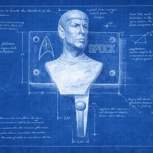 May include: A blue blueprint-style image of a Spock bust, with the name "SPOCK" above. The design includes technical drawing elements, measurements in inches, and handwritten text, reminiscent of Star Trek.