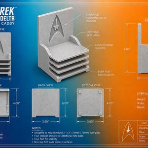 May include: A light gray Star Trek Command Delta Post-It Note Caddy. The caddy has an engraved Command Delta insignia and four storage shelves. Dimensions are 5.00" high, 3.50" wide, and 4.00" deep.