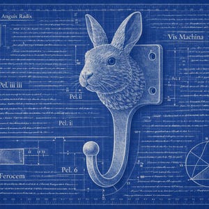Könnte beinhalten: Blaupausenartige Illustration eines Wandhakens in Form eines Kaninchenkopfes. Der Haken ist an einer rechteckigen Platte mit Schraubenlöchern befestigt. Das Design enthält Text wie "Anguis Radix" und "Vis Machina" sowie technische Zeichnungen, alles in Blautönen.