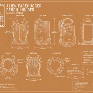 Peut inclure: Plan d'un porte-crayons Alien Facehugger. Le design comprend des vues de face, de côté, isométriques et en coupe, ainsi que des vues de dessus et de dessous. Le porte-crayons mesure 108,0 mm de large et 127,0 mm de profondeur. Le design comprend des spécifications et des notes.