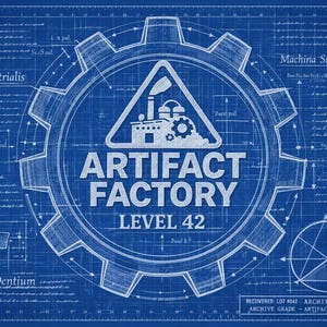 May include: A blueprint-style graphic with a central gear design. The text "ARTIFACT FACTORY LEVEL 42" is prominently displayed. Additional text includes "Rota Industrialis," "Structura Dentium," and "Machina Sigillum."