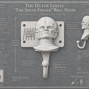 May include: A wall hook inspired by "The Outer Limits" episode "The Sixth Finger." The gray polymer composite hook is 9 inches high, featuring an alien bust and a hook. It supports up to 30 pounds and has a mounting hole layout.